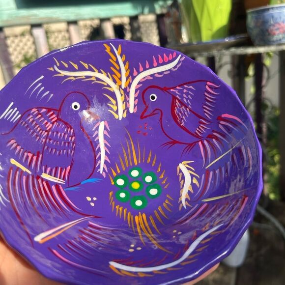 Talavera Mexican Pottery Salsa Bowl Footed Hand Painted Trinket Red Purple Birds - Picture 2 of 16